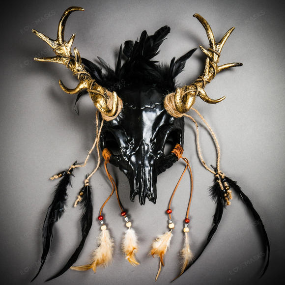 Antelope Devil Gold Deer Horn Skull Ghost Feather Masquerade Mask - Black - Picture 2 of 10
